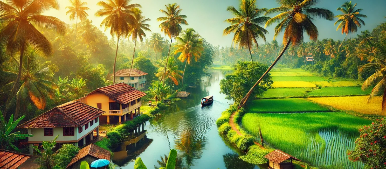 DALL·E 2024-10-25 17.34.57 - A scenic view of Kerala, India, showcasing its lush greenery and tropical landscapes. Coconut trees sway gently in the breeze along the edges of a cal