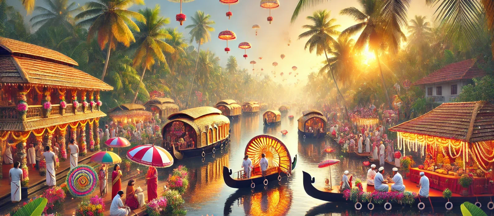 DALL·E 2024-10-25 17.36.26 - A vibrant scene in Kerala, India, filled with festive and travel vibes. Palm trees and lush greenery frame the background, while traditional houseboat