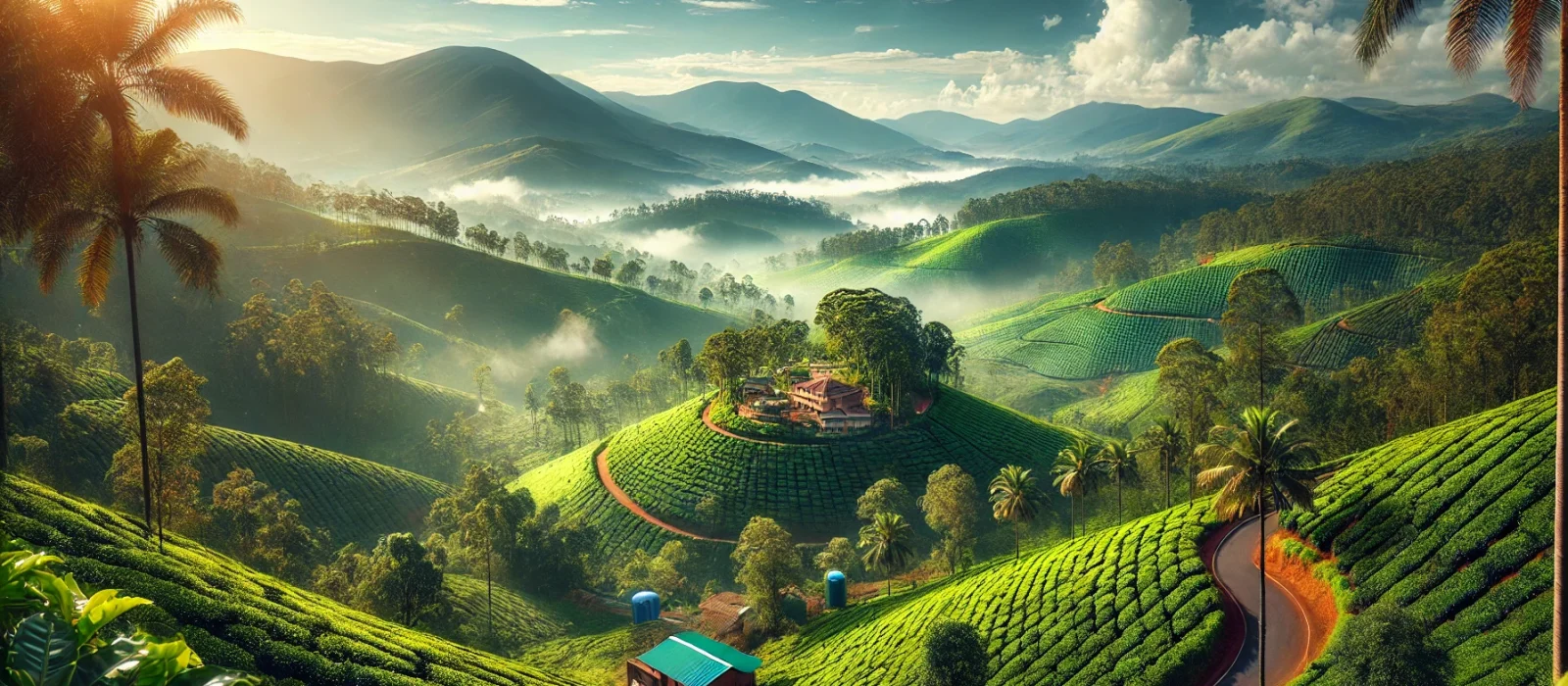 DALL·E 2024-10-27 00.10.10 - A scenic view of Chikmagalur, a hill station in Karnataka, India. The image features lush green coffee plantations covering rolling hills with mist ge